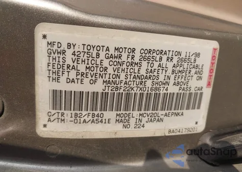 1999 Toyota Camry Le V6 z USA, uszkodzony, nr VIN JT2BF22K7X0168674